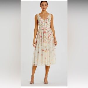 NWT Mac Duggal Floral Embroidered Dress Cream Pink Hot Pink Light Yellow & Green